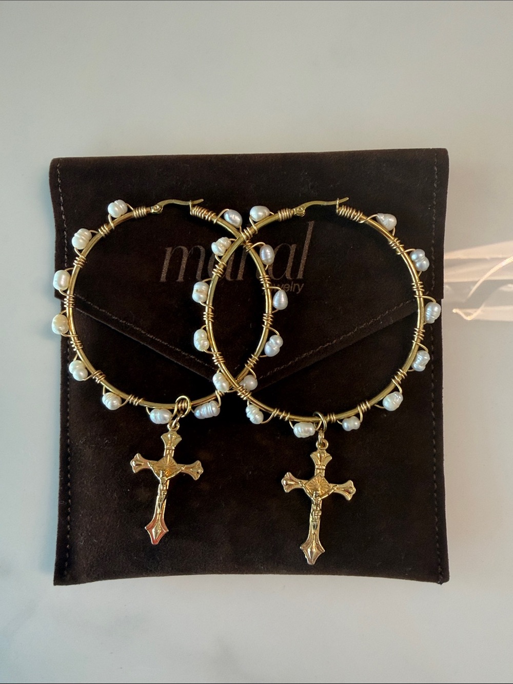 Gold Hoop Earrings with Pearls and Cross Charm - Women Jewelry Earrings